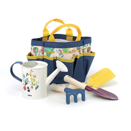 Colorful Vilac kids' garden tool set with watering can, trowel, rake, and patterned tote bag on a white background.