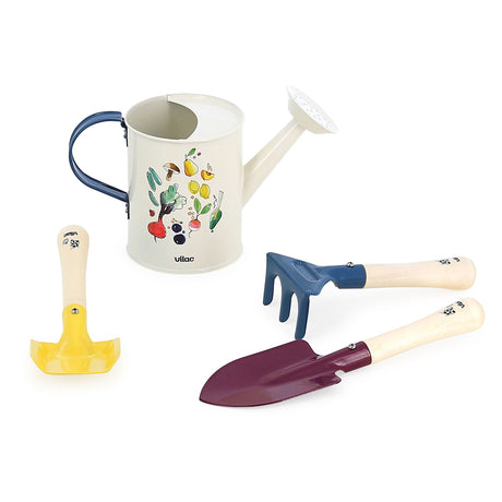 Vilac kids' garden tool set featuring a cream watering can, purple trowel, blue rake, and yellow shovel with wood handles.
