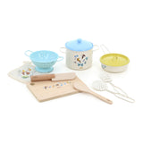 Vilac My Little Nature play cooking set with wooden cutting board, metal pots, and utensils.