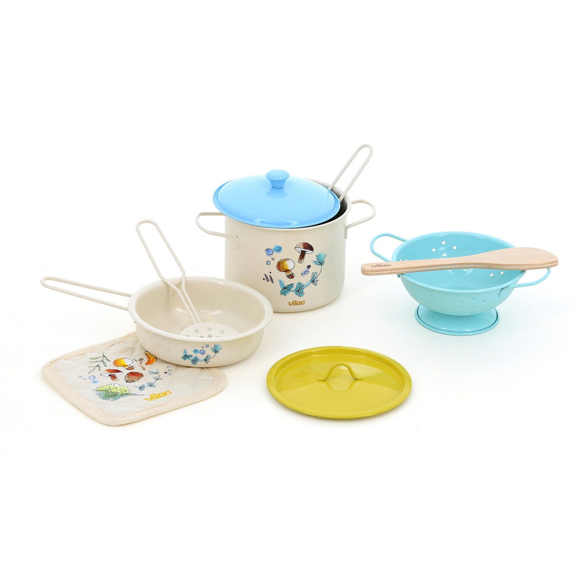 Vilac My Little Nature toy cooking set with metal play pots, pans, colander, and kitchen accessories.