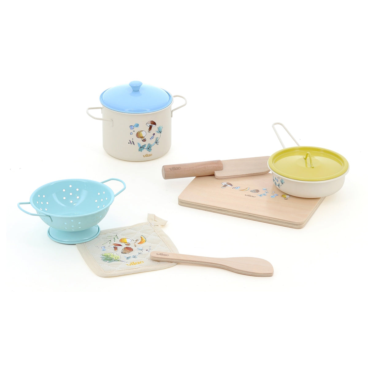 Kids nature-themed pretend play cooking set with toy pots, pans, colander, and wooden cutting board.