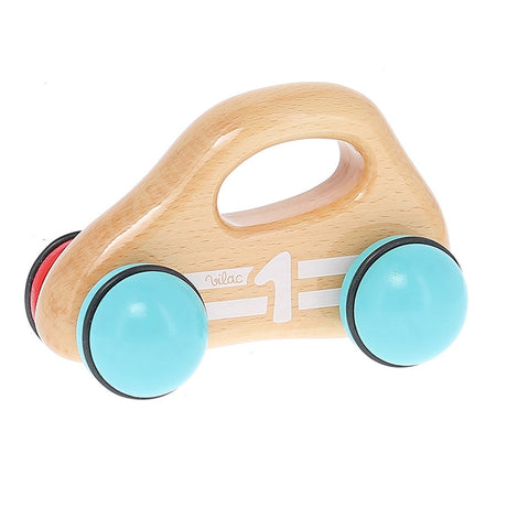 Vilac natural wooden baby toy car with light blue wheels, built-in handle, and white number one on the side.