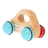 Vilac natural wooden baby toy car with light blue and red wheels and a built-in handle grip for toddlers.