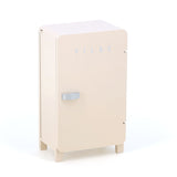 Cream-colored Vilac toy fridge with a silver handle and a retro design on a white background.