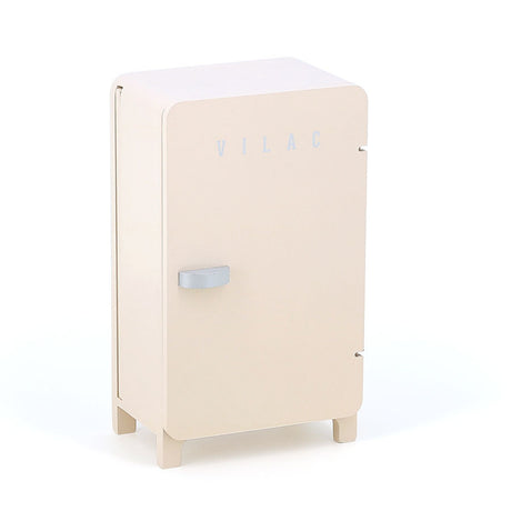 Cream-colored Vilac toy fridge with a silver handle and a retro design on a white background.