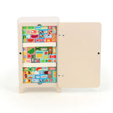 Wooden toy refrigerator packed tightly with colorful grocery blocks on three shelves, with the door open.