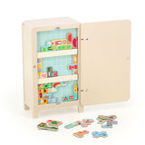 Open Vilac toy fridge with puzzle-like wooden food pieces arranged inside and scattered on the floor.