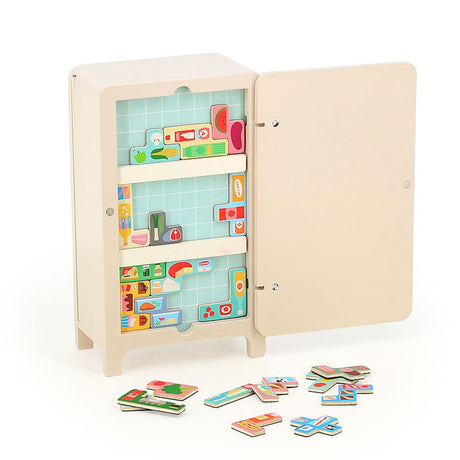 Open Vilac toy fridge with puzzle-like wooden food pieces arranged inside and scattered on the floor.