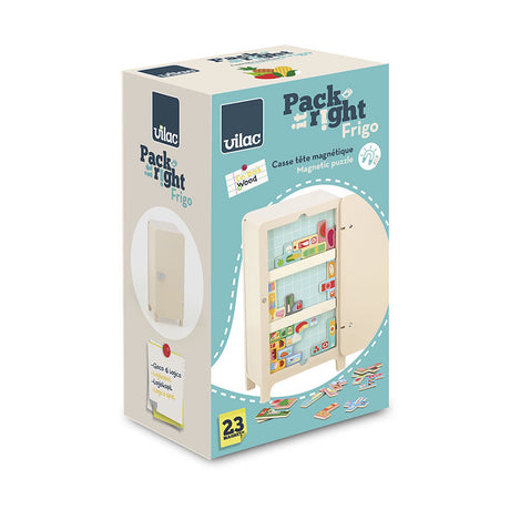 Vilac Pack it Right Frigo wooden magnetic puzzle toy box packaging.