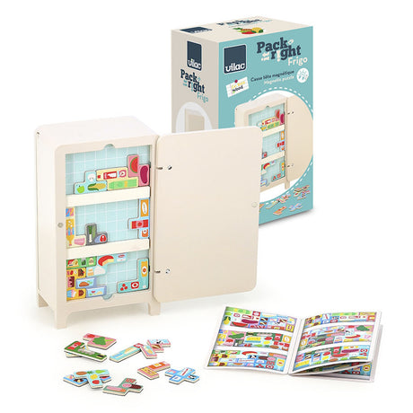 Vilac Pack Right Frigo magnetic puzzle game with wooden toy fridge, food pieces, and packaging box.