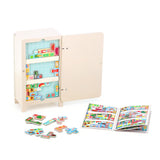 Vilac wooden fridge puzzle toy with colorful food blocks and challenge booklet.