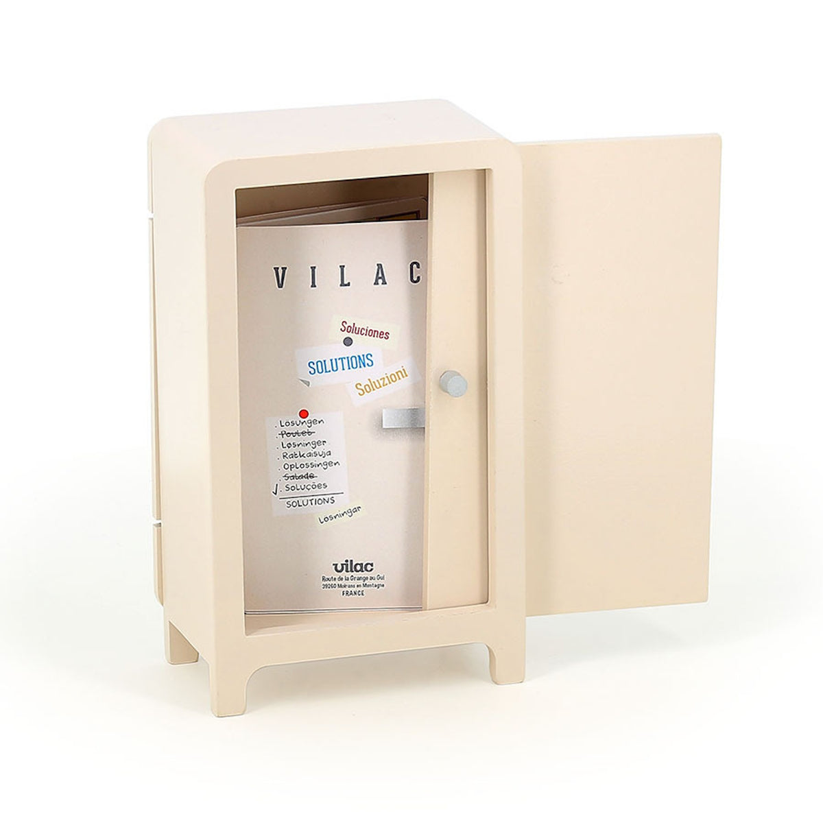 Vilac wooden toy refrigerator open showing solutions booklet inside.
