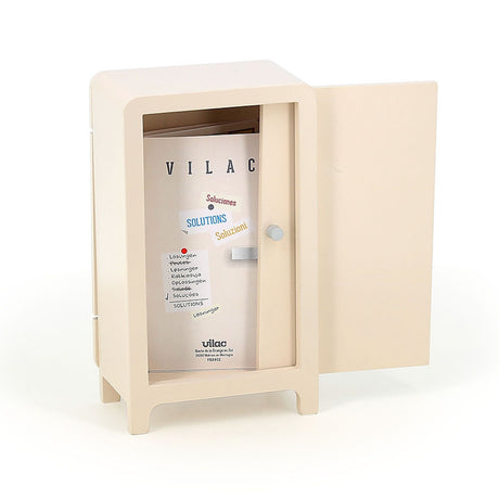Vilac wooden toy refrigerator open showing solutions booklet inside.
