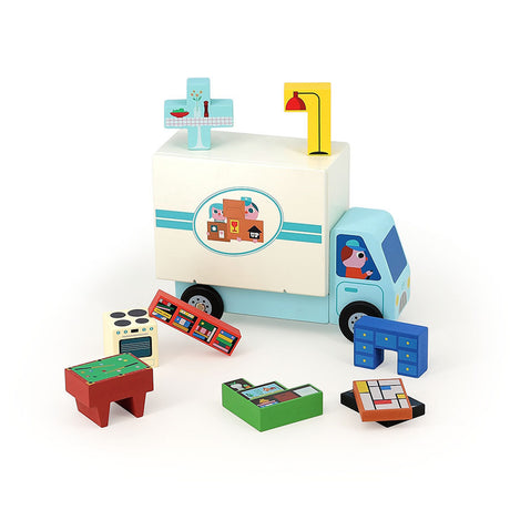 Vilac Pack It Right moving truck wooden toy with colorful geometric furniture blocks on a white background.