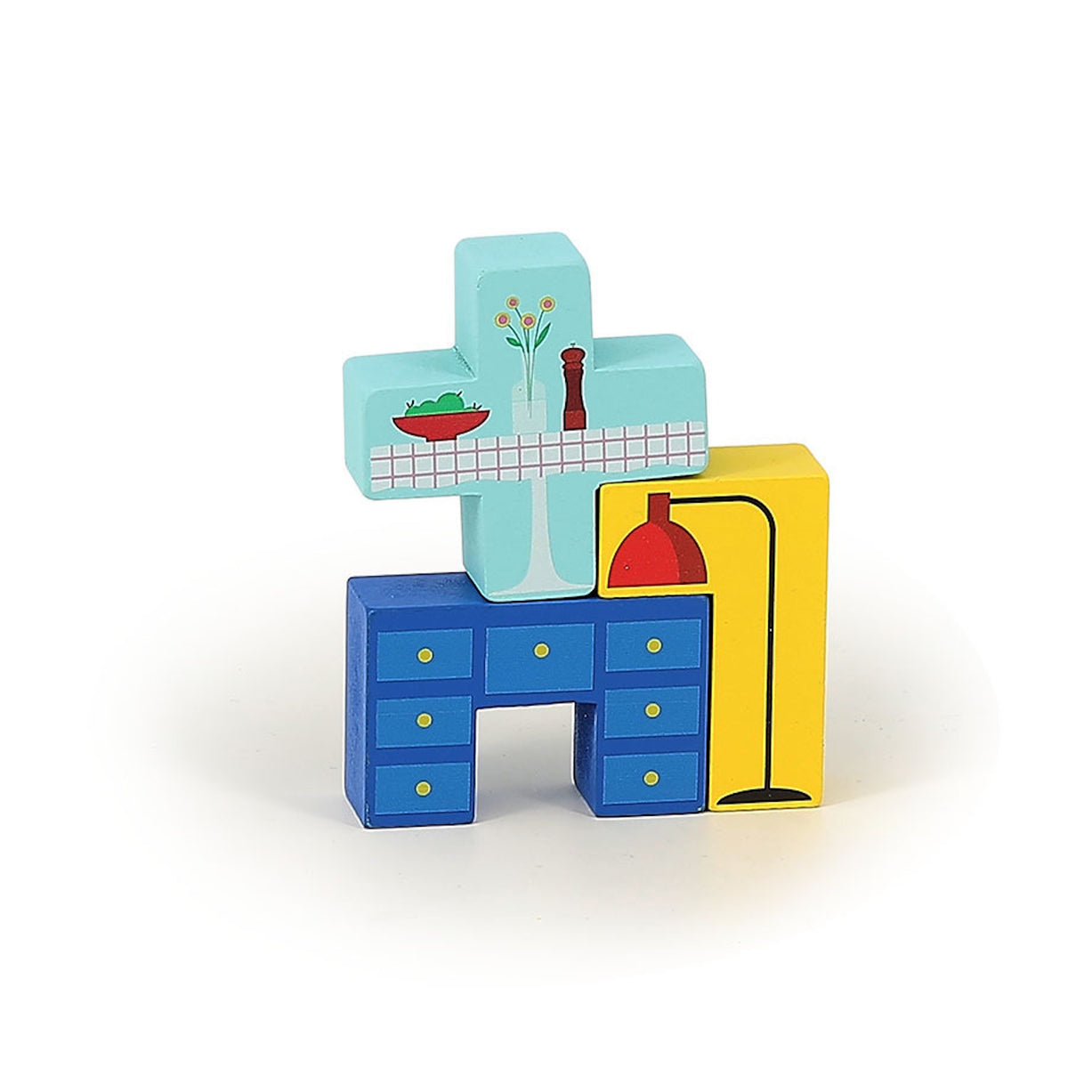 Vilac wooden puzzle pieces shaped like a blue desk, yellow lamp, and blue table block.