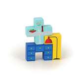 Vilac wooden puzzle pieces shaped like a blue desk, yellow lamp, and blue table block.