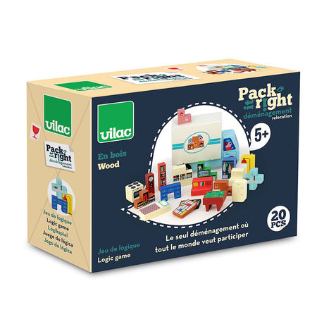 Vilac Pack it Right wooden logic game box showing a moving truck and 20 puzzle furniture pieces.