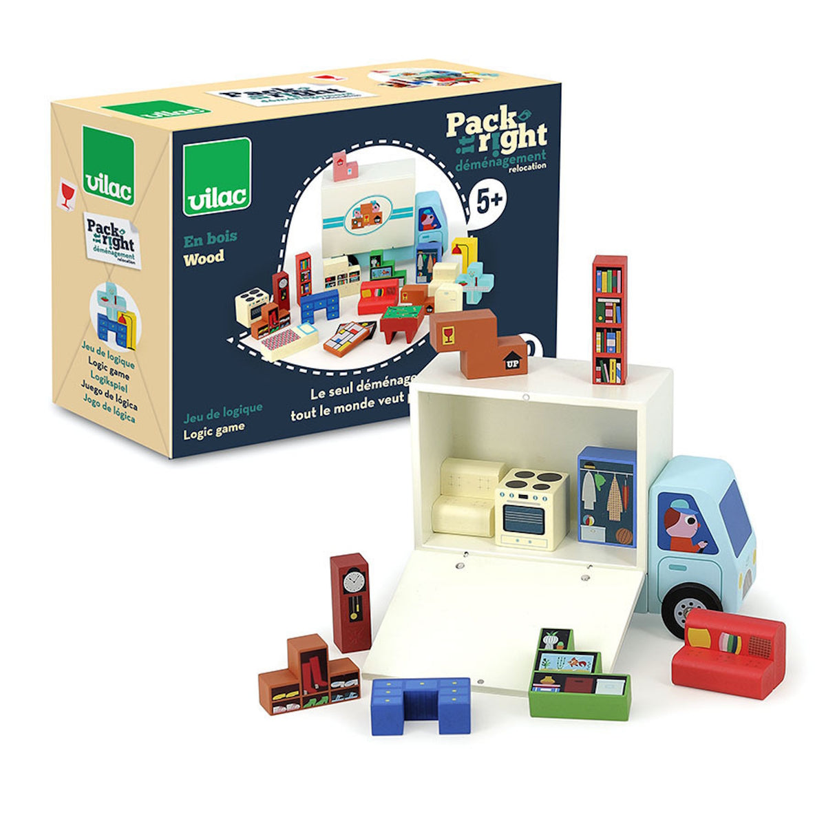 Vilac Pack it Right wooden logic game with a toy moving truck, furniture blocks, and product packaging box.