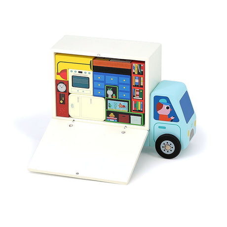 Vilac wooden moving truck toy packed perfectly with colorful block furniture.