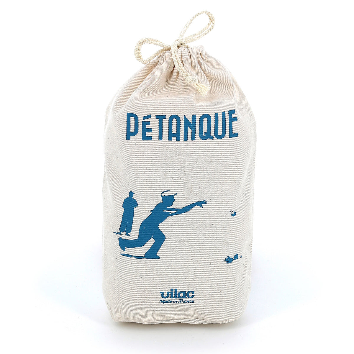 Vilac canvas pétanque bag featuring a blue illustration of players, a drawstring closure, and Made in France.