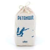 Vilac canvas pétanque bag featuring a blue illustration of players, a drawstring closure, and Made in France.