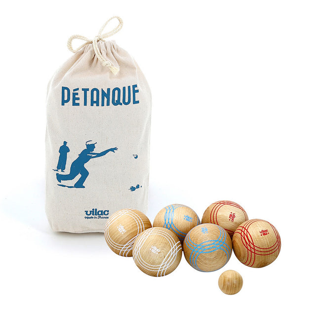 Vilac wooden pétanque set with six striped boules, a target jack, and a canvas storage bag.
