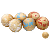 Vilac wooden petanque set with six striped boules in white, blue, and red, plus a small wooden jack.