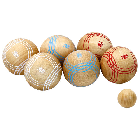 Vilac wooden petanque set with six striped boules in white, blue, and red, plus a small wooden jack.