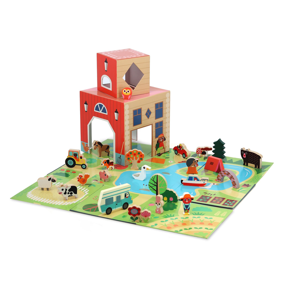 Wooden Vilac farm and campsite pop-up toy play set with building, mat, and various animal and vehicle figurines.