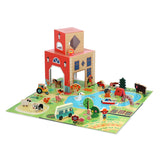Wooden Vilac farm and campsite pop-up toy play set with building, mat, and various animal and vehicle figurines.