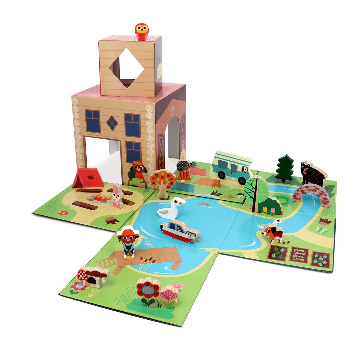 Vilac children's wooden pop-up play set with toy animals, camper van, and pond mat.