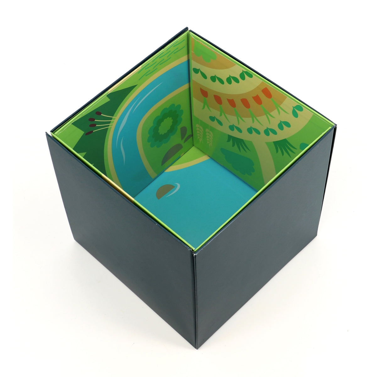 Vilac wooden toy pop-up playset storage box with colorful illustrated landscape interior.