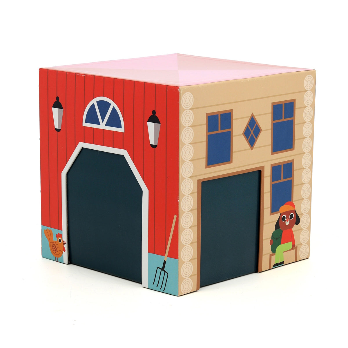 Vilac wooden toy barn box with red and log cabin printed sides.