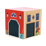 Vilac wooden toy barn box with red and log cabin printed sides.
