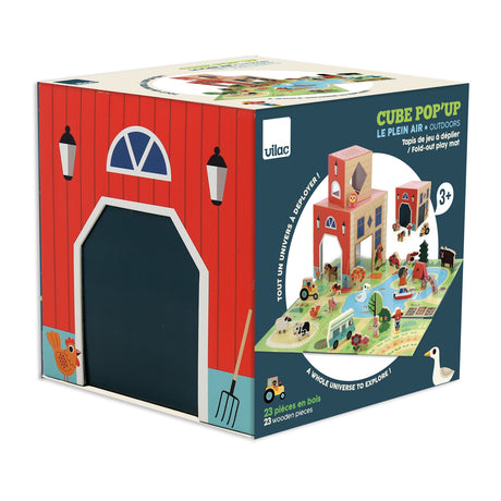 Vilac Cube Pop'Up Outdoors toy packaging box with 23 wooden pieces and fold-out play mat.
