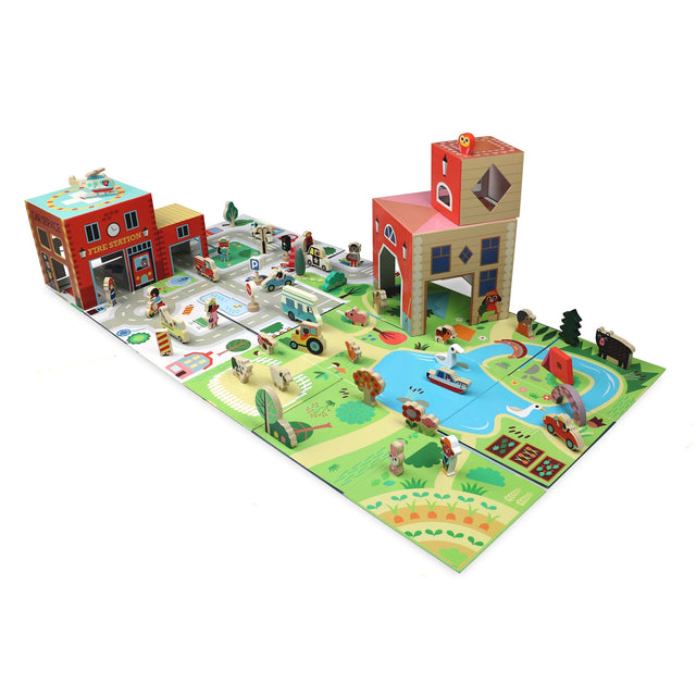 Colorful Vilac wooden town and farm pop-up playset with toy cars, buildings, and animal figures.