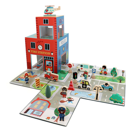 Wooden Vilac pop up rescue play set with fire and police station, cars, helicopter, and animal figures.