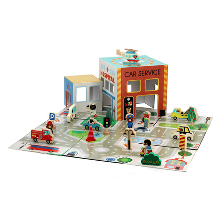 Wooden toy rescue play set with hospital, car service, helicopter, vehicles, and animal character figures on a playmat.