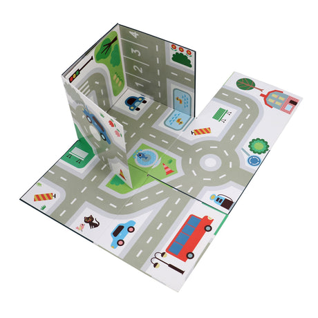 Vilac pop-up rescue play set unfolded into a toy city road mat with streets and parking.