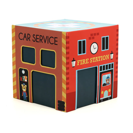 Vilac rescue toy box featuring a colorful fire station, car service garage, and rooftop helipad.