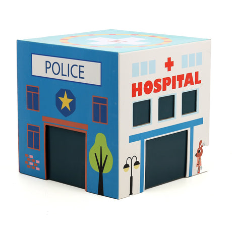 Colorful toy box from a rescue play set featuring a blue police station and a white hospital facade.
