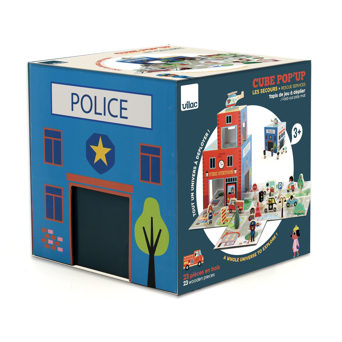 Vilac Cube Pop'Up rescue services toy packaging box showing an interactive fold-out play mat.