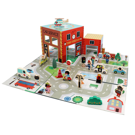 Vilac wooden pop-up rescue play set with fire station, vehicles, and animal character figures on a playmat.