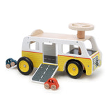 Wooden toy camper van with ramp, steering wheel, and two small toy cars for toddlers and kids.