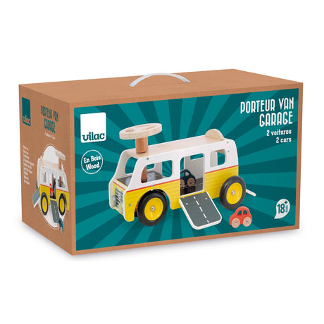 Vilac wooden Porteur Van Garage toy box featuring a yellow and white ride-on van with two small toy cars for toddlers.