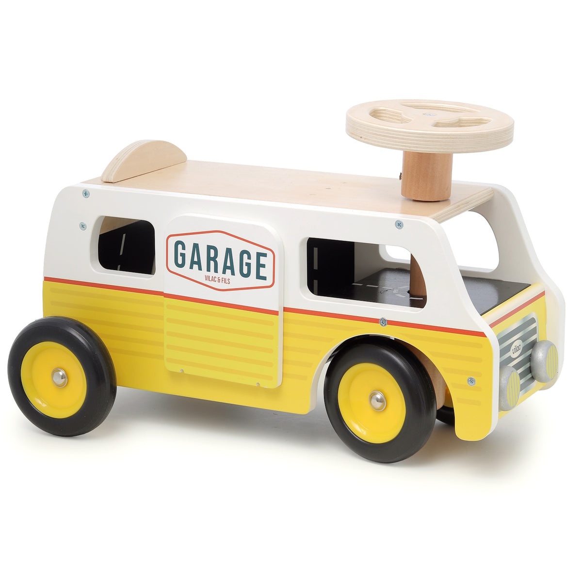 Vilac yellow and white wooden garage ride-on truck toy with steering wheel for toddlers.