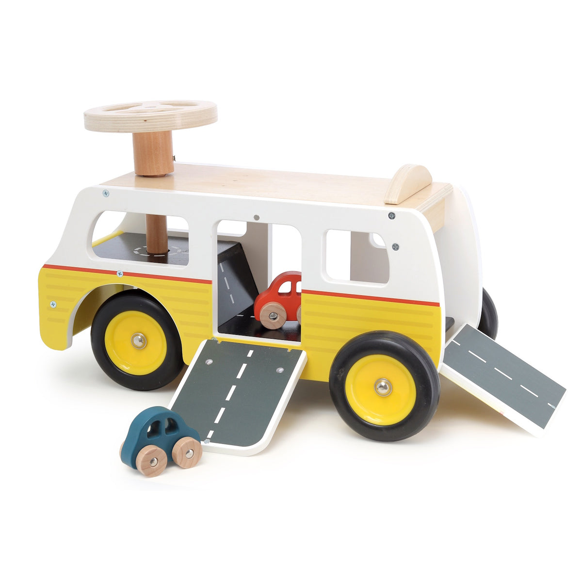 Vilac wooden ride-on camper van toy for toddlers with steering wheel, ramps, and small toy cars on white background.