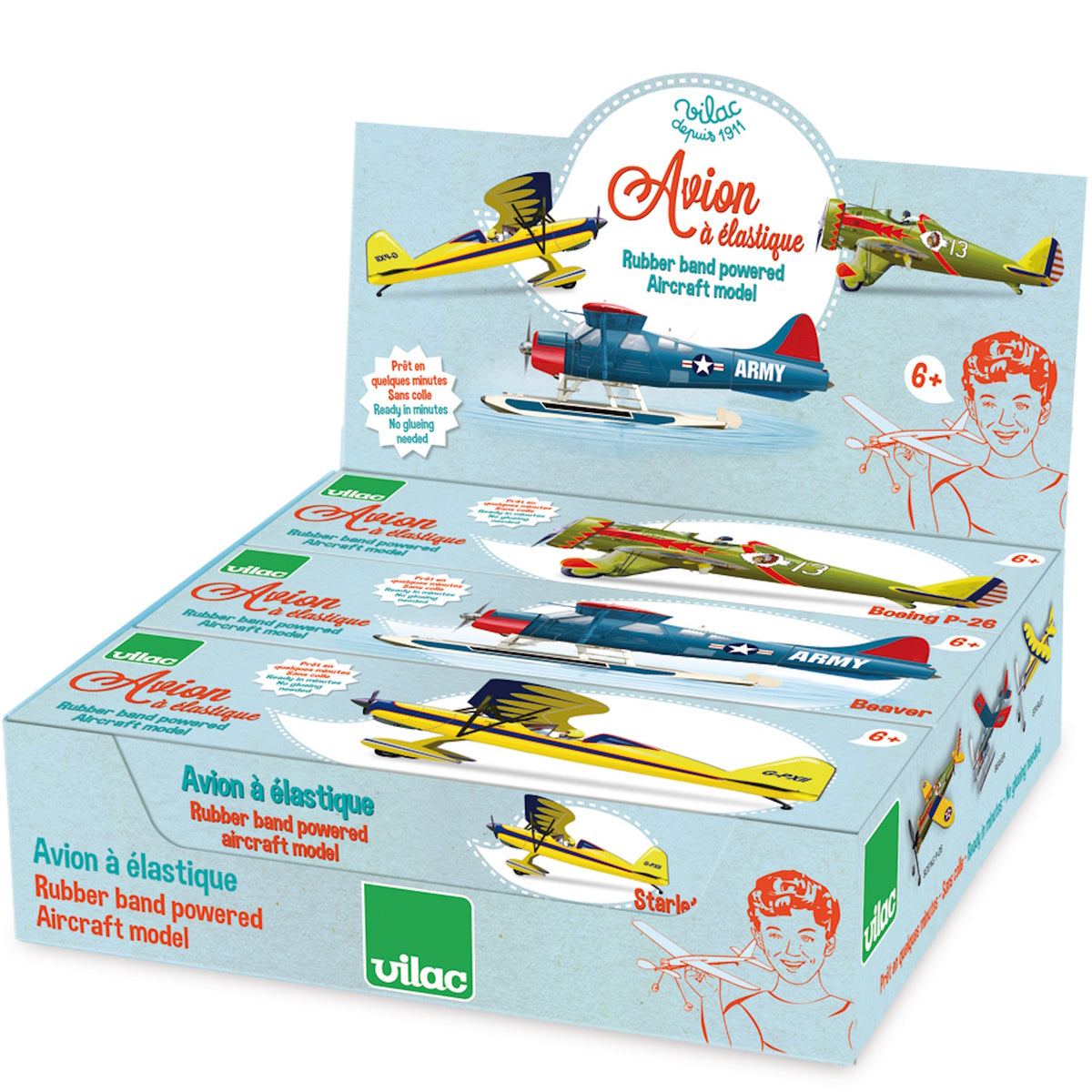 Vilac rubber band powered aircraft model display box featuring vintage Boeing P-26, Beaver, and Starlet toy planes.