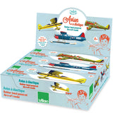 Vilac rubber band powered aircraft model display box featuring vintage Boeing P-26, Beaver, and Starlet toy planes.