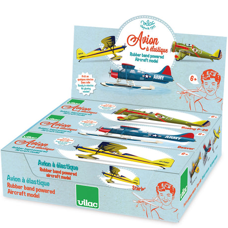 Vilac rubber band powered aircraft model display box featuring vintage Boeing P-26, Beaver, and Starlet toy planes.